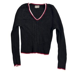 Rave Ribbed Knit V Neck Long Sleeve Sweater Black Red‎ White Trim Y2K sz Large